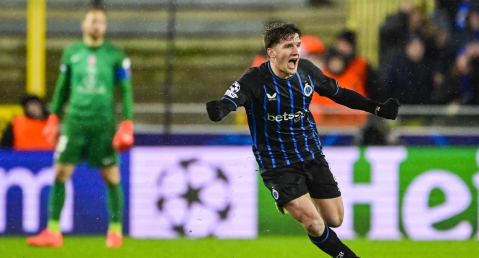Christos Tzolis of Club Brugge celebrating a goal